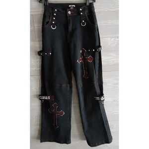 Hot Topic Black Red Contrast Stitch Rhinestone Cross Gothic Wide Leg Pants SZ 3